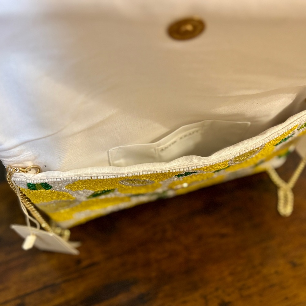 Lemon Yellow and White Beaded Clutch - Picture 3 of 4